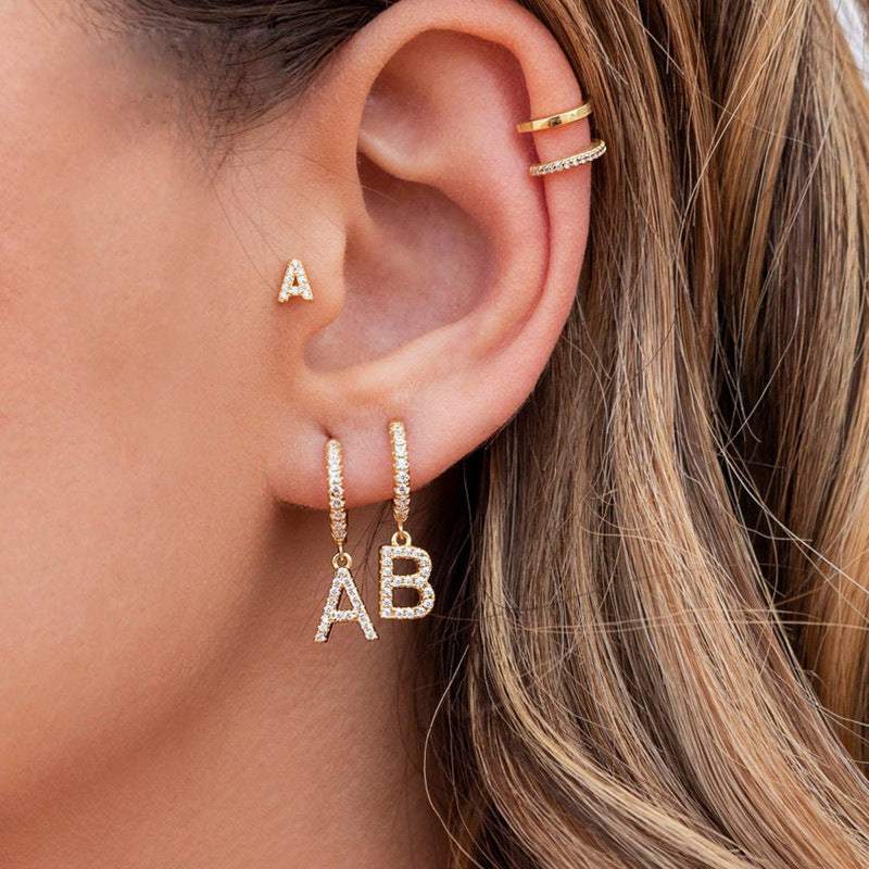 Elegant Gold Plated Letter Cubic Zirconia Inlay Brass Earrings