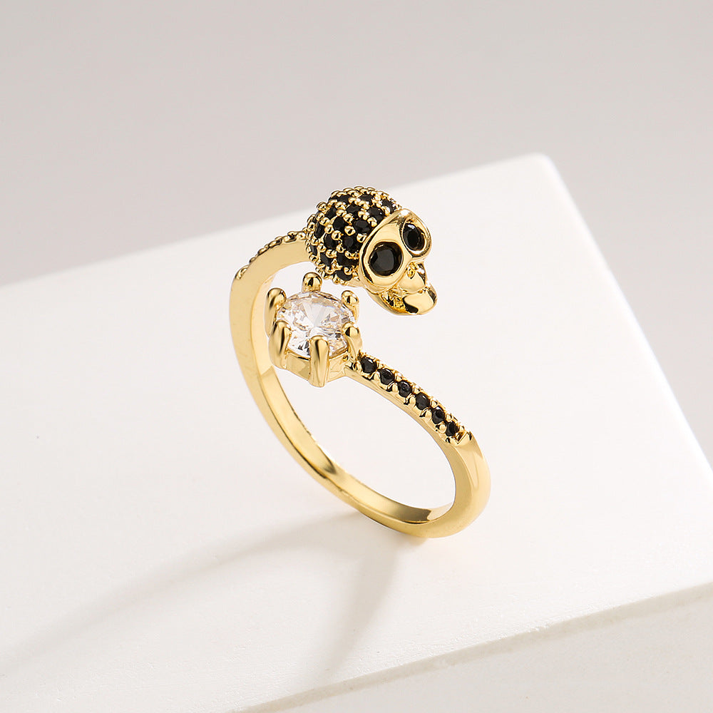 Punk Style Skull-Shaped Geometric Ring in Copper with Gold Plating and Zircon Inlay for Women
