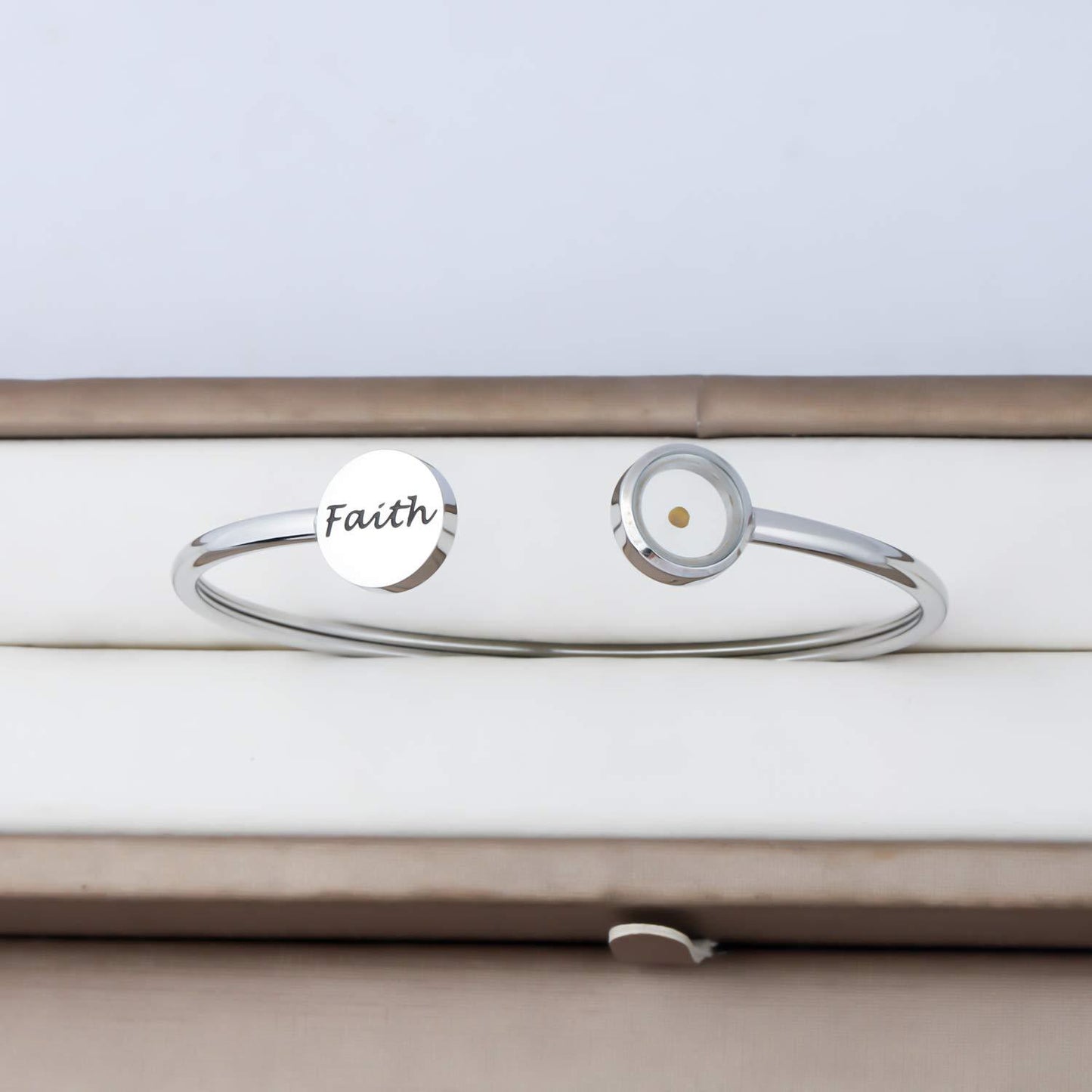 Minimalist Stainless Steel Polished Mustard Seed Open Bangle Bracelet Faith Jewelry