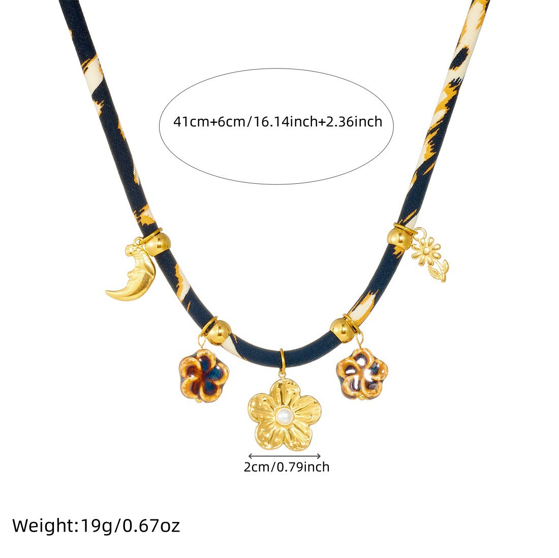 Vintage Gold Plated Stainless Steel Floral Moon Leopard Print Necklace