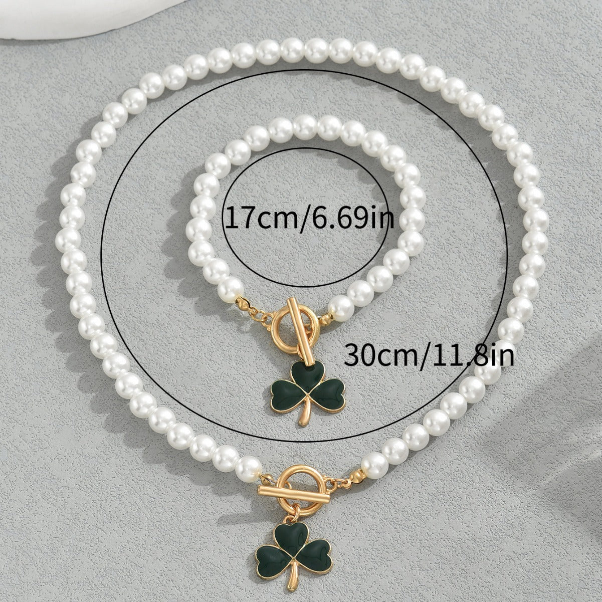 Minimalist Clover-Shaped Alloy Necklace and Bracelet Set for Women with Pearl-Embellished Beaded Design