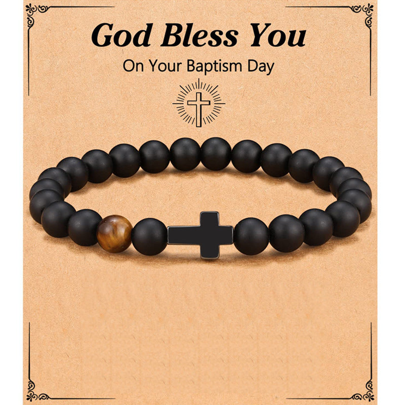 Matte Natural Black Agate and Yellow Tiger Eye Cross Bracelet Unisex 8mm Beaded Hand Chain