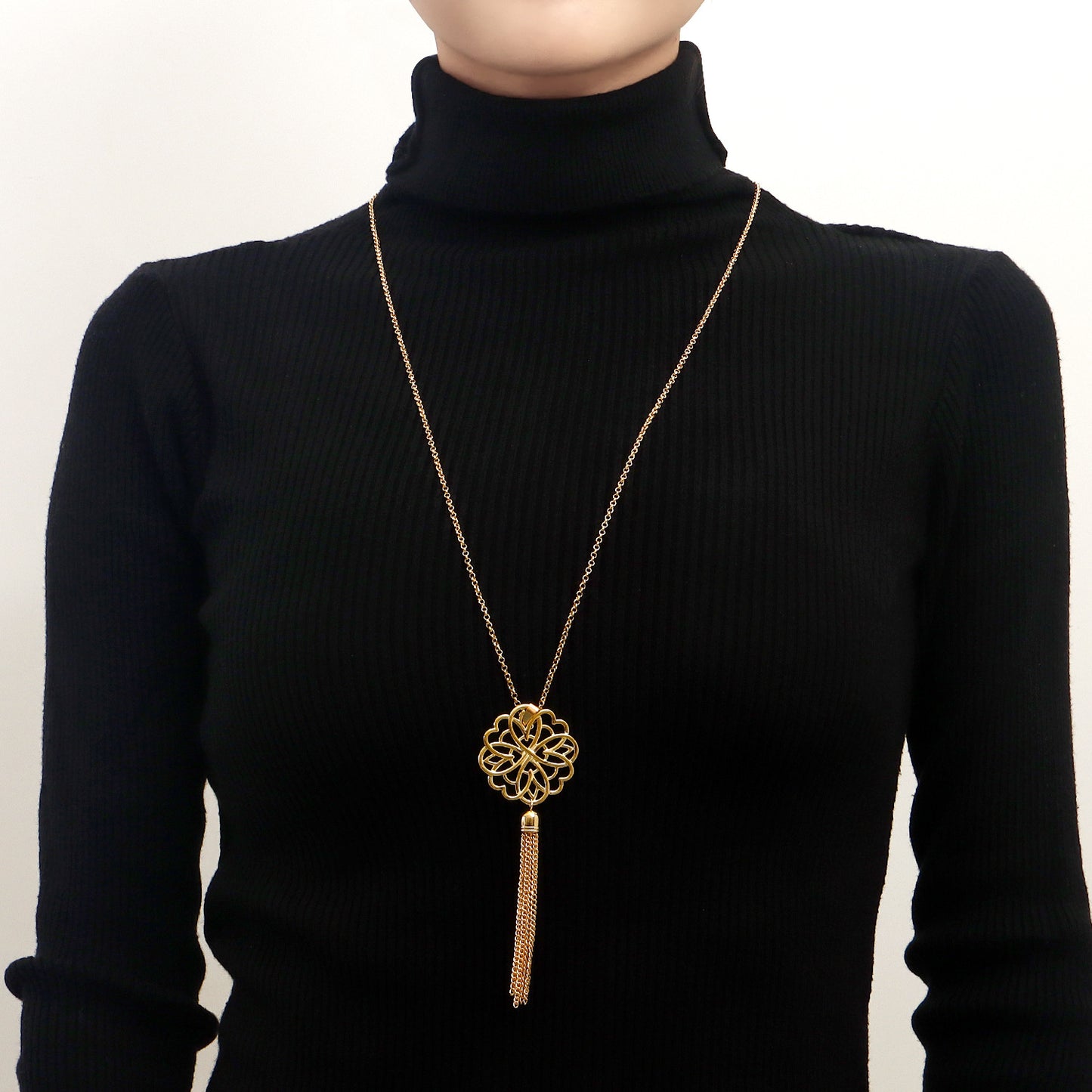 Minimalist Lotus Pendant Long Layered Necklace for Women with Hollow Design and Tassel Detail in Alloy with Plating Finish