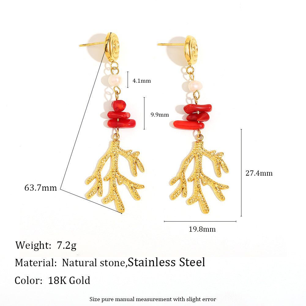 Vintage Style Floral Coral Branch Pendant Stud Earrings in Stainless Steel with 18K Gold Plating