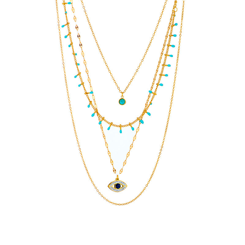 Collana con Pendente Vintage Moda Irregolare Geometrico Turchese e Strass in Acciaio al Titanio con Finitura Placcata per Donna