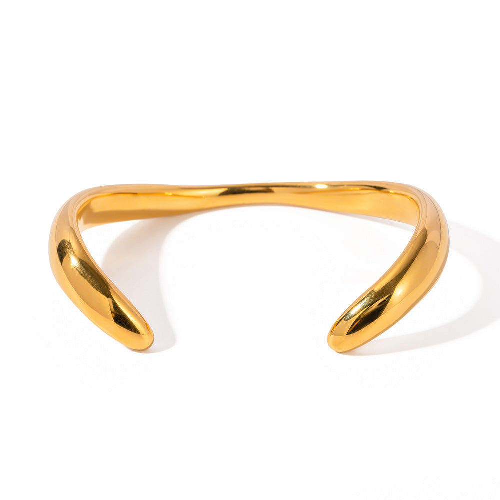 Pulsera de puño abierto con ondas geométricas estilo Ins, de acero inoxidable chapado en oro de 18 quilates con incrustaciones de perlas para mujer