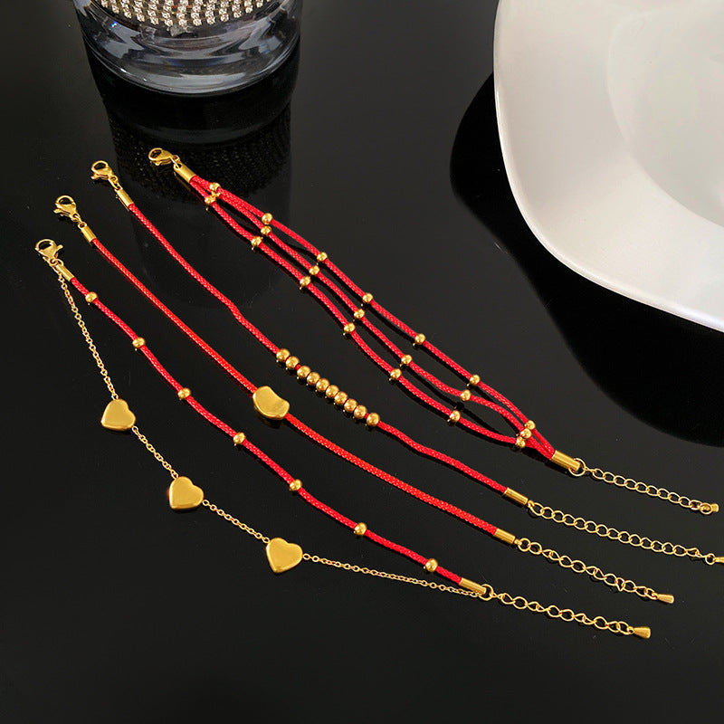 Luxury Elegant Heart Geometric Titanium Steel Polished Red Rope Bracelet for Women