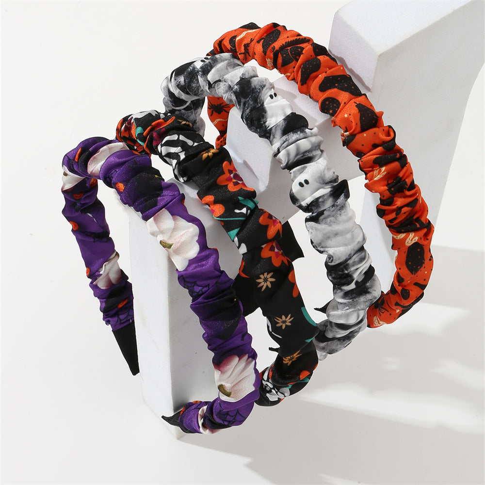 Set di elastici per capelli a tema Halloween per bambini con motivo gatto nero e zucca, design floreale in cotone