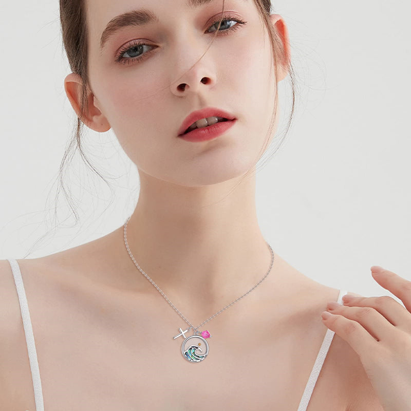 Minimalist Faith Cross Pendant Necklace in Stainless Steel with Wavy Circular Design and Electroplated Finish for Unisex Daily Wear