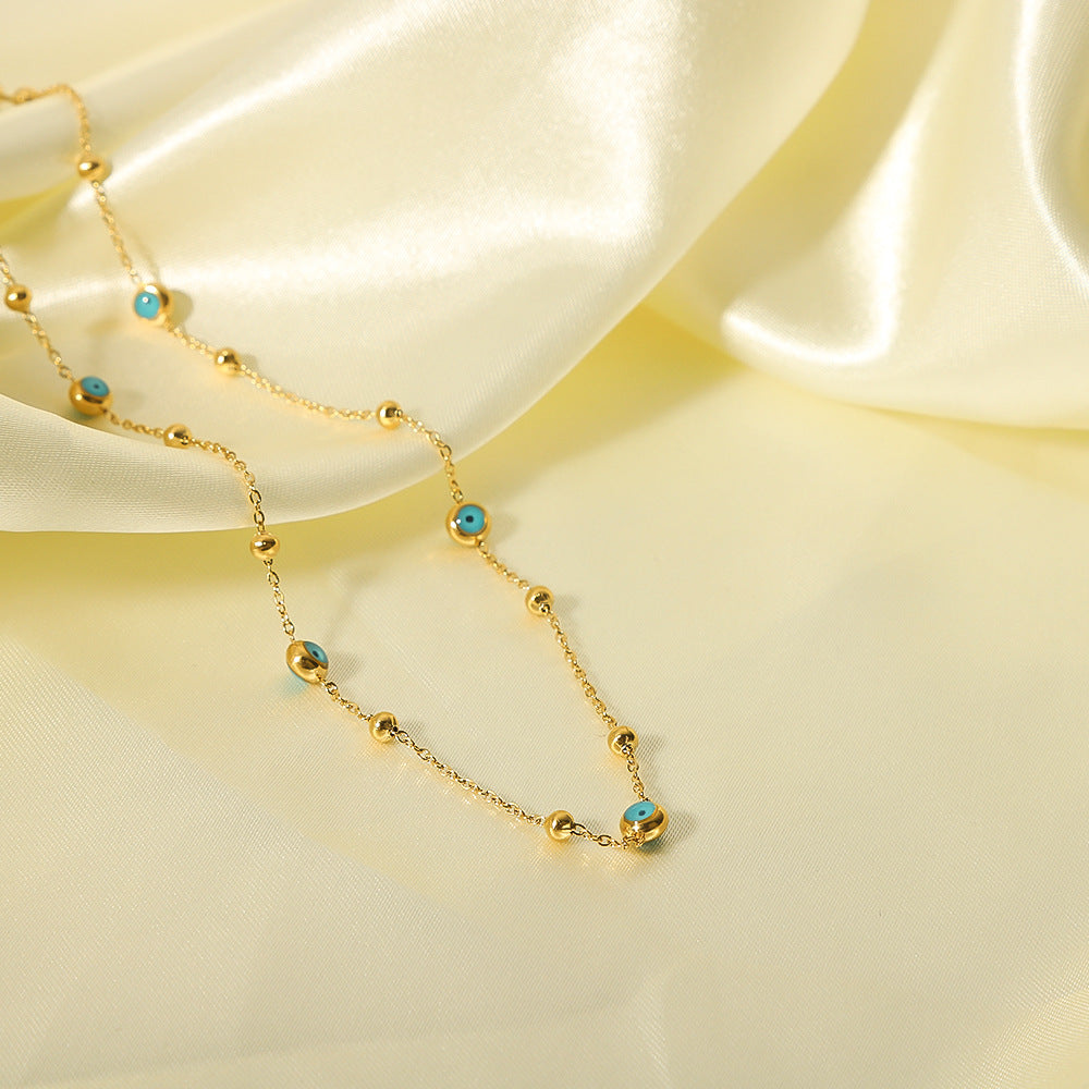 Minimalist Geometric Round Bead Necklace in Stainless Steel with 18K Gold Plating and Turquoise Inlay for Women