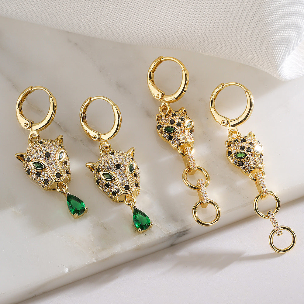 Minimalist Leopard-Shaped Copper Pendant Earrings with 18K Gold Plating and Micro-Pavé Setting for Women