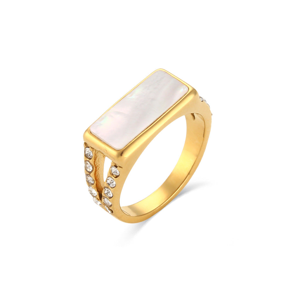 Vintage-Inspired Geometric Stainless Steel Ring with Side Rhinestone Accents for Women