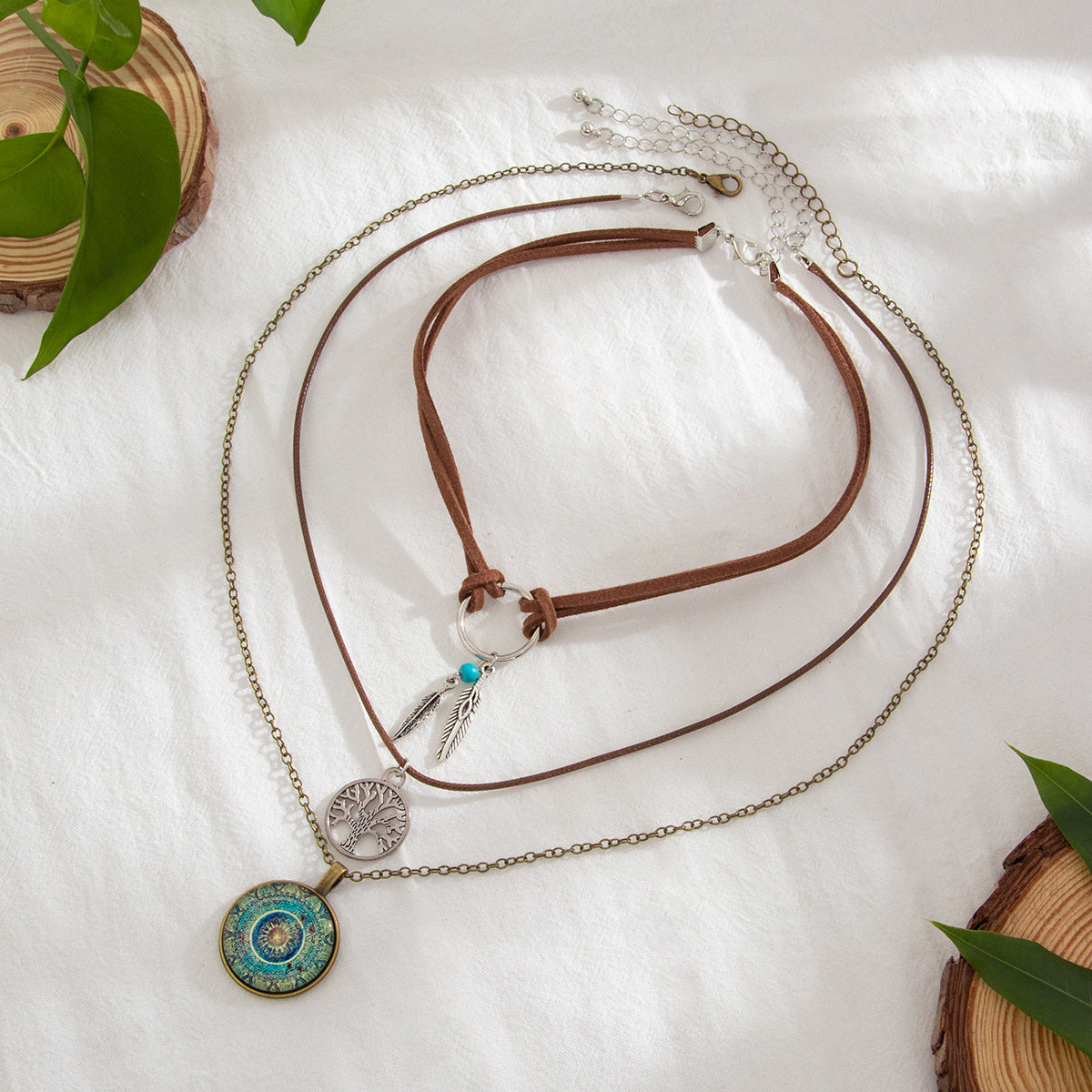 Vintage Bohemian Ethnic Star Geometric Alloy Pendant Acrylic Plated Multi-layer Necklace for Women