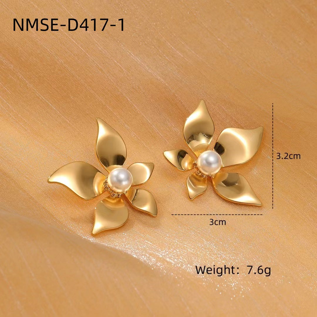 Minimalist Pearl Flower Stainless Steel Earrings with Plated Finish for Women
