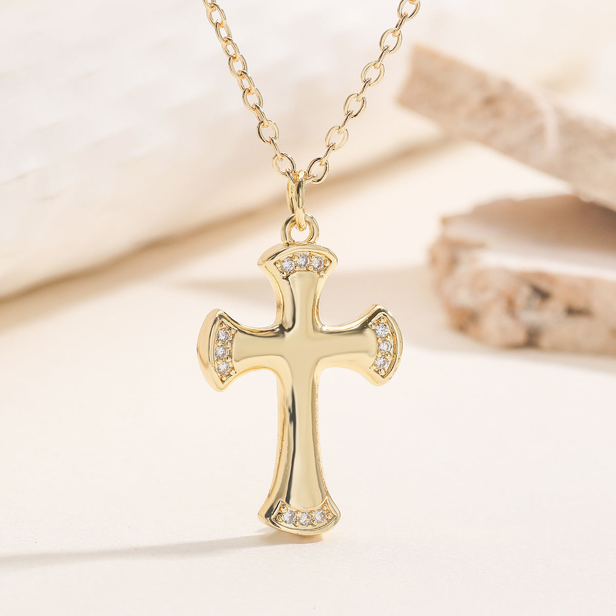 Minimalist 18K Gold Plated Brass Cross Pendant Necklace with Cubic Zirconia for Women