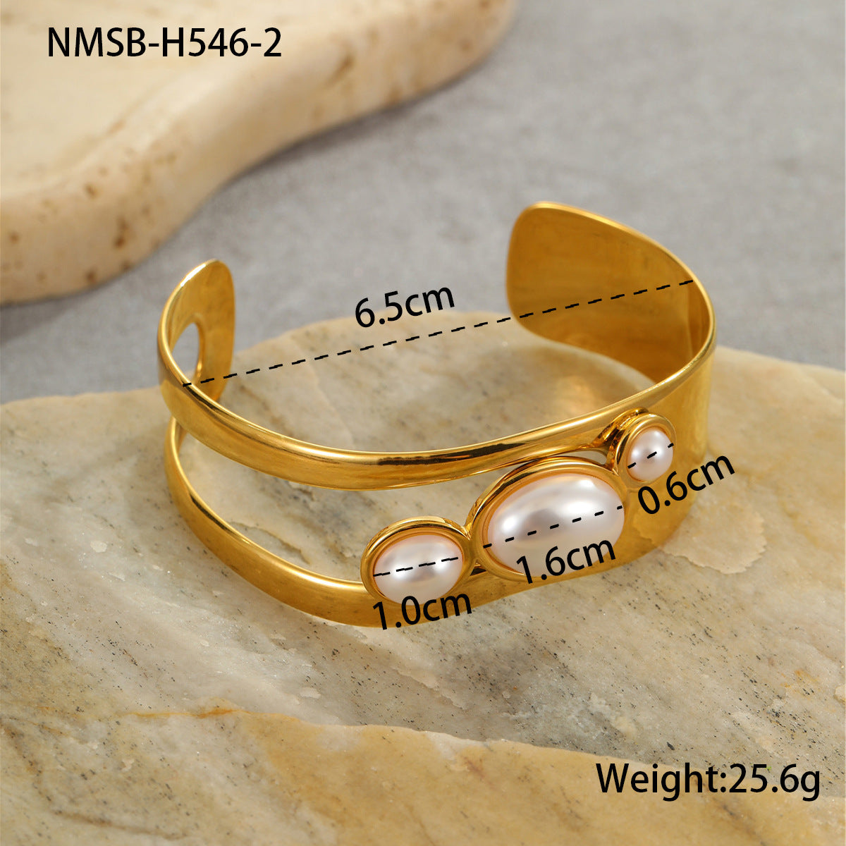 Fashionable Geometric Stainless Steel Cuff Bracelet with Pearl Inlay and 18K Gold Plating for Women