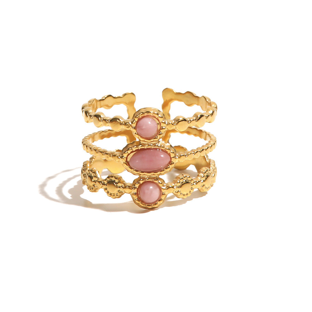 Anillo de dedo ajustable de acero inoxidable rosa, geométrico, minimalista, con incrustaciones de gemas para mujer