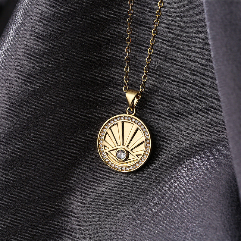 Minimalist Round Geometric Eye Pendant Gold Plated Brass Necklace for Women with Cable Chain