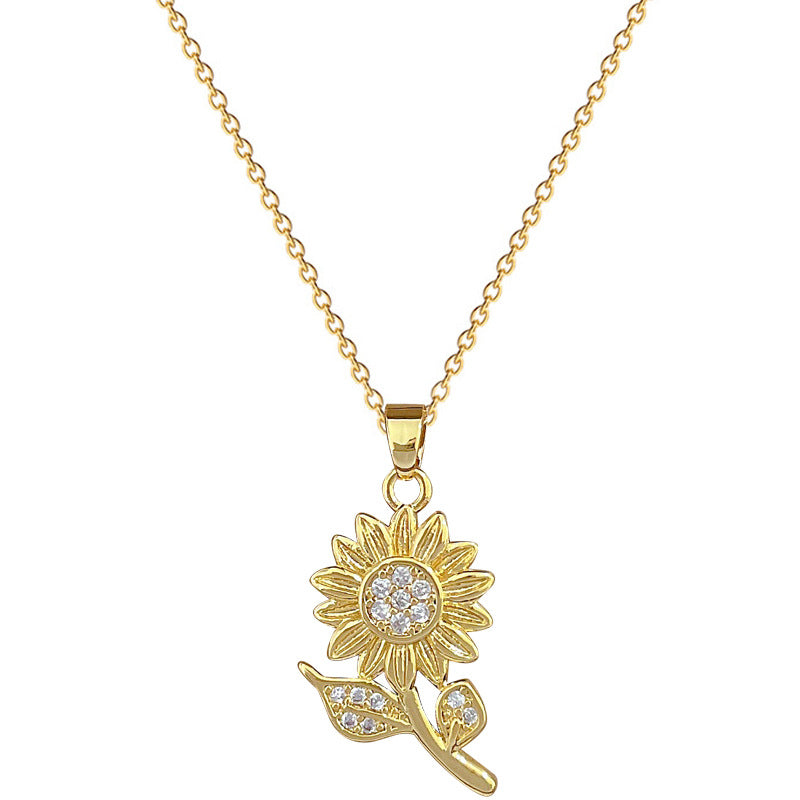 Minimalist Sunflower Pendant Necklace for Women with Zircon Inlay on Titanium Steel Chain