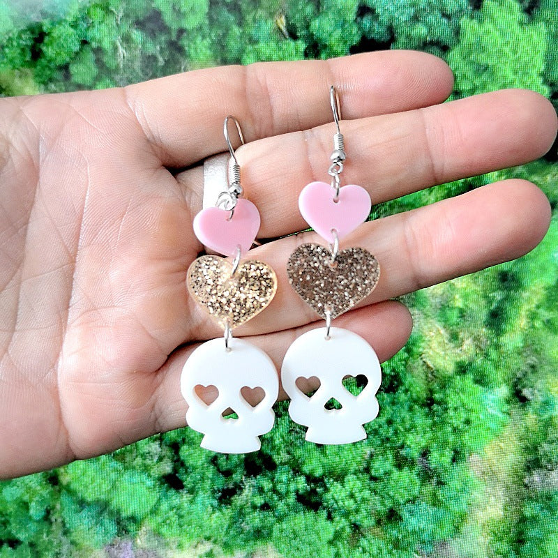 Orecchini a forma di cuore con teschio e ragno in acrilico a tema Halloween per unisex, gioielli artigianali per costumi