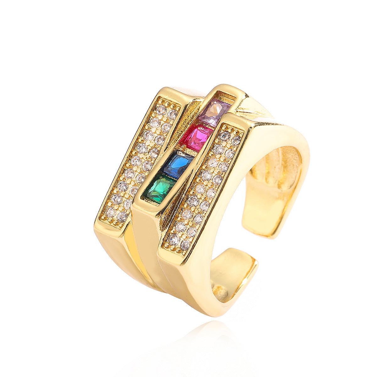Anello Aperto Geometrico Minimalista da Donna in Rame con Placcatura in Oro 18K e Intarsio in Zirconi