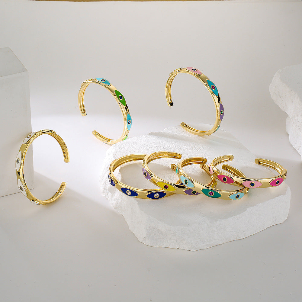 Bohemian Style Enamel Zircon Eye Bracelet for Women Copper Gold-Plated Open Bangle with Geometric Pattern