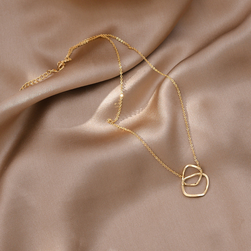 Minimalist Irregular Geometric Double Circle Pendant Necklace for Women with Titanium Steel Chain and Rhinestone Inlay