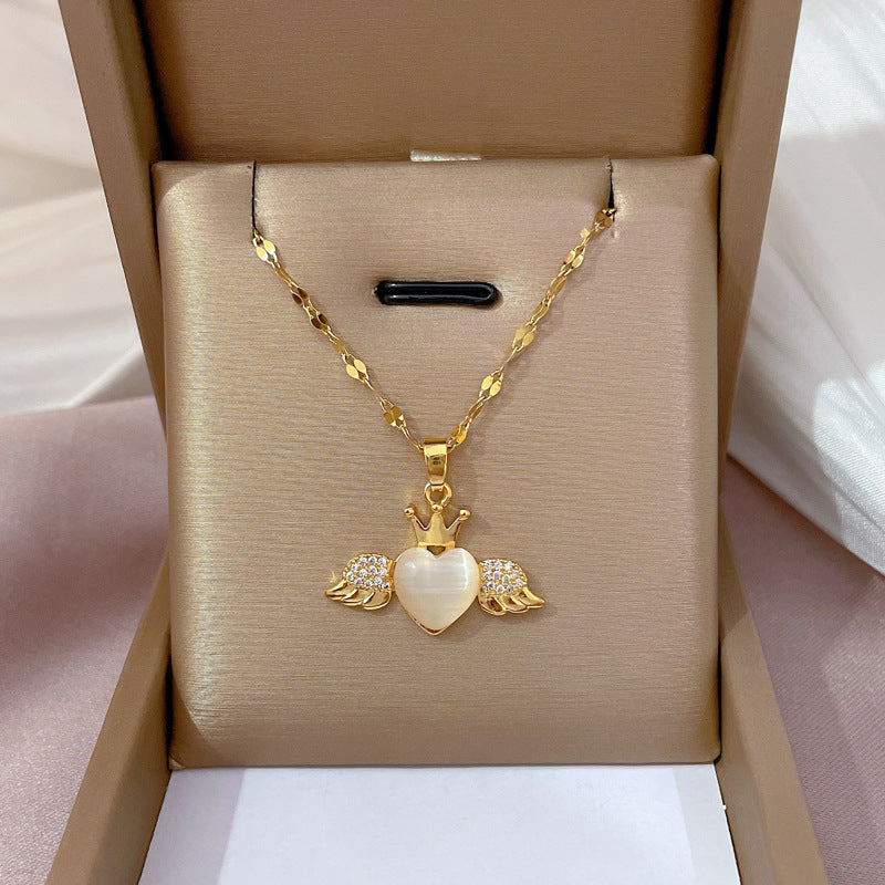 Luxury Minimalist Titanium Steel Cat's Eye Stone Heart Pendant Necklace for Women Delicate Clavicle Chain with Geometric Design