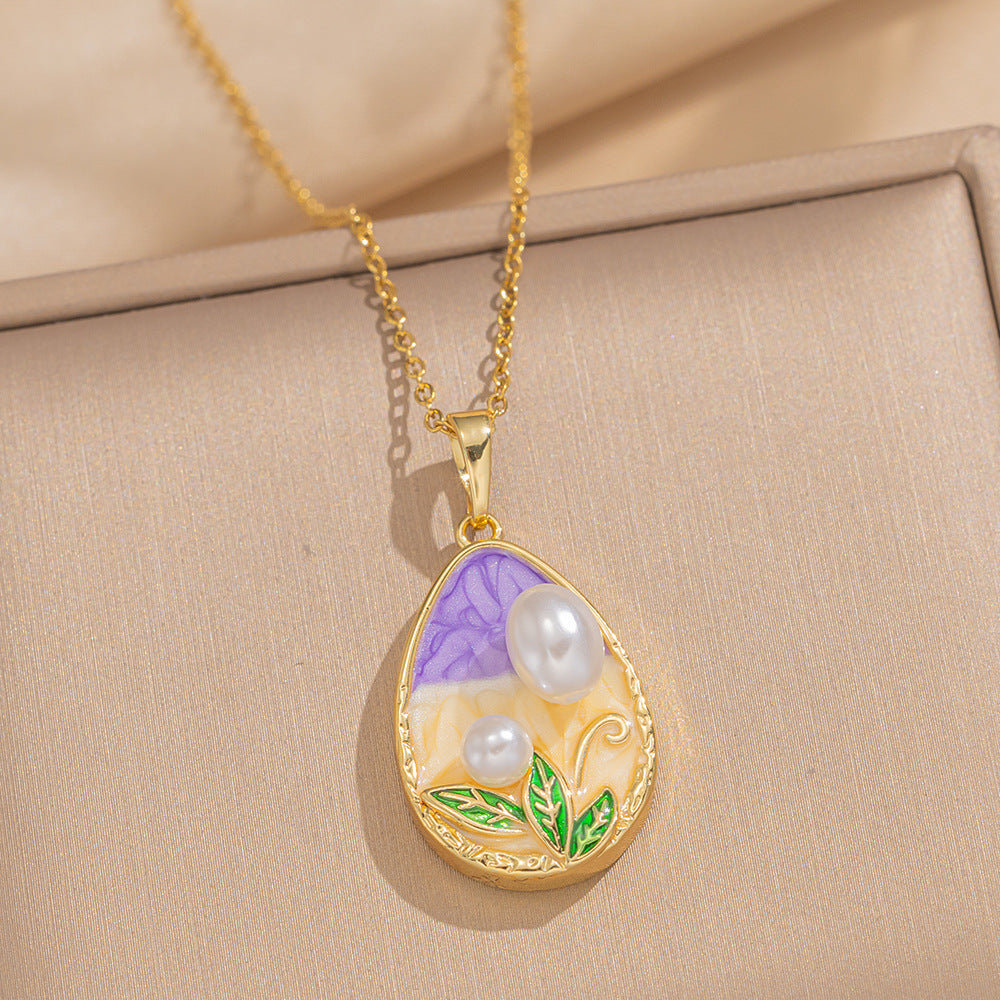 Baroque Style Leaf-Shaped Titanium Steel Necklace with Tulip Floral Motif, Vacuum-Plated for Hypoallergenic Wear, O-Chain Design