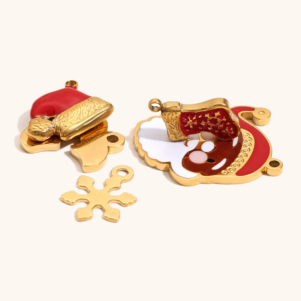 Colgante de moda con forma de corazón y copo de nieve con diseño de gorro de Papá Noel, de acero inoxidable con chapado en oro de 18 quilates para la creación de joyas DIY