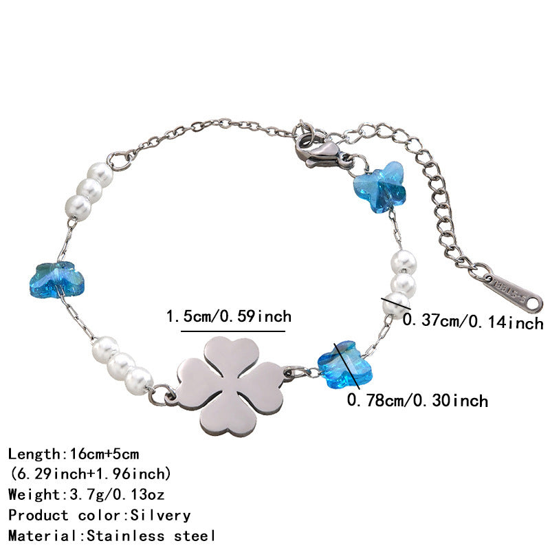 Vintage Floral Stainless Steel Bracelet with Pearl Inlay