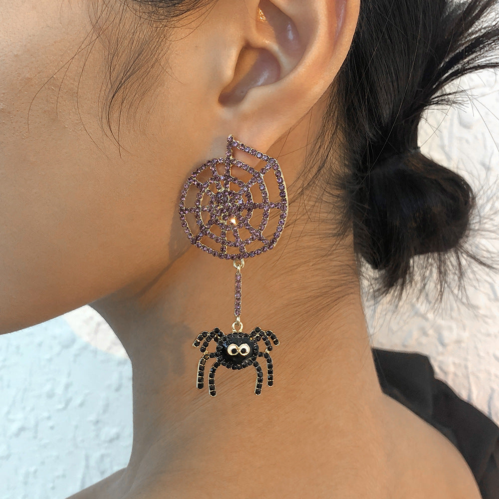 Dark Gothic Geometric Spiderweb Earrings for Women with Alloy Base Rhinestone Inlay and Enamel Finish