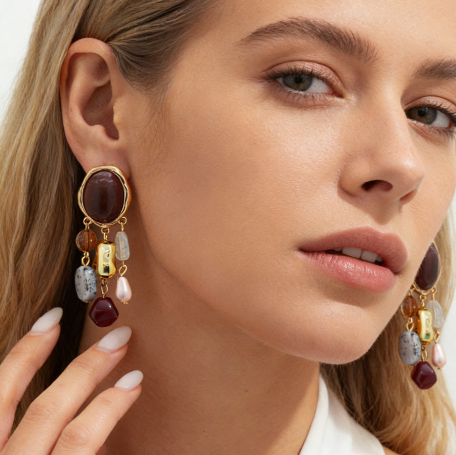 Vintage Geometric Oval Resin Inlay Plated Alloy Earrings for Women