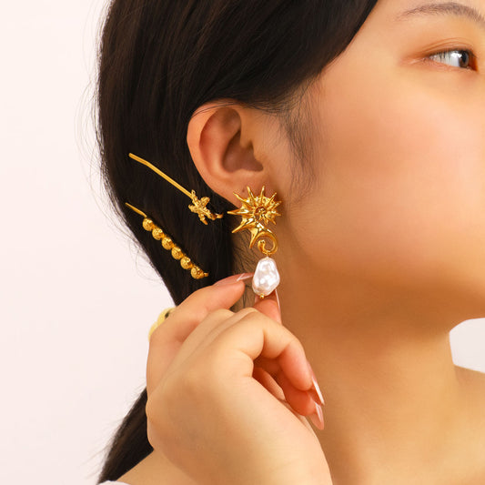 Geometric Seahorse Pendant Earrings for Women Stainless Steel with 18K Gold Plating Baroque Pearl Accent