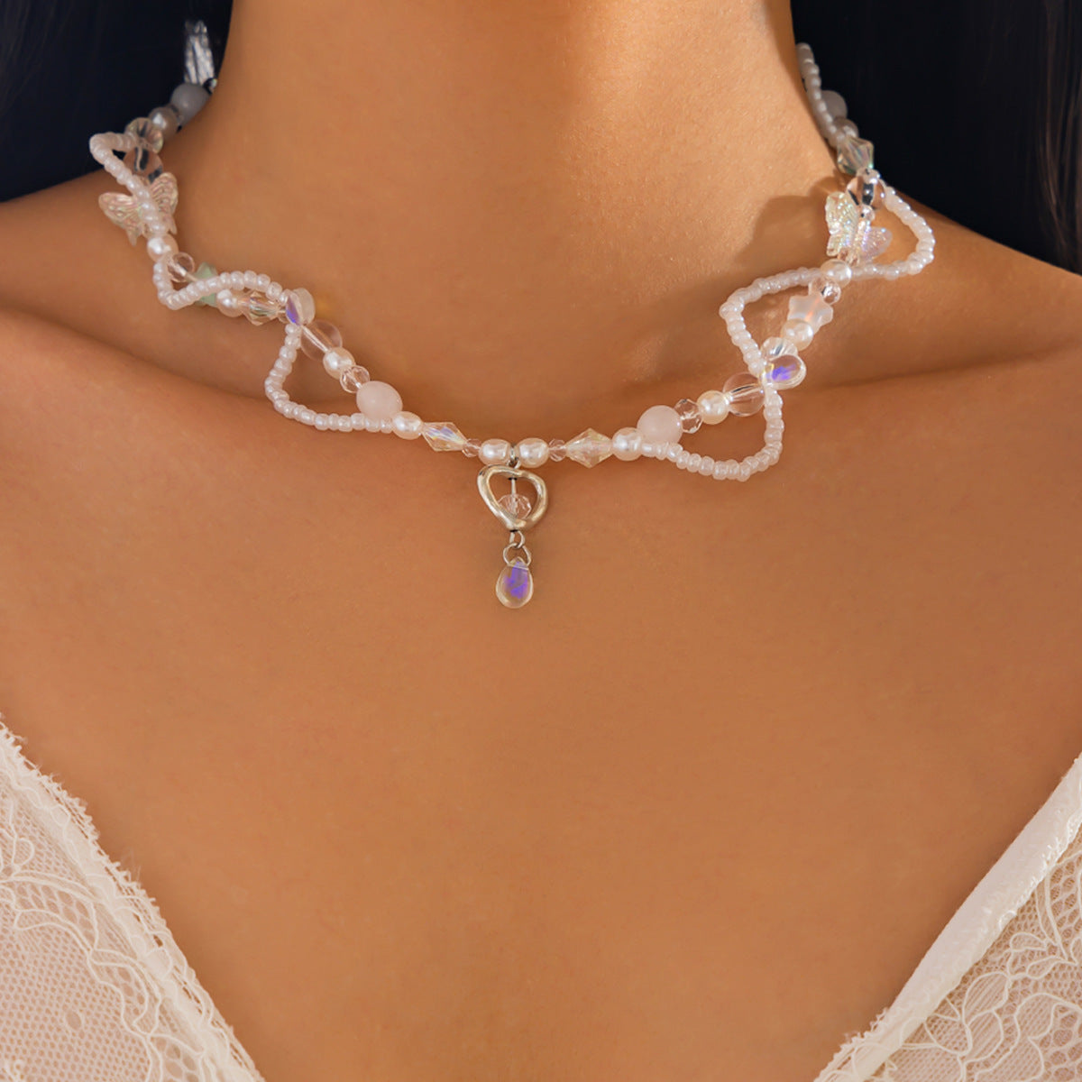 Sweet Minimalist Heart and Geometric Pendant Necklace with Acrylic Beads Rhinestone Accents and Enamel Finish for Women