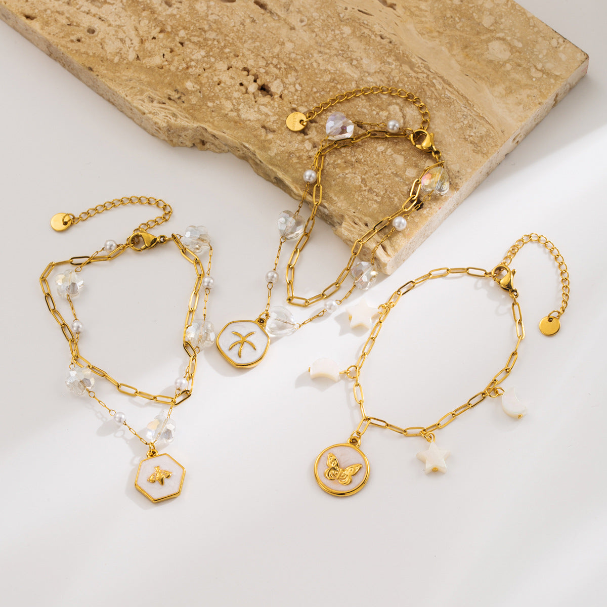 Bracciale da donna vintage a forma di farfalla, stella e luna, in acciaio inossidabile con intarsi in conchiglia, galvanizzato, gioielli minimalisti per tutti i giorni