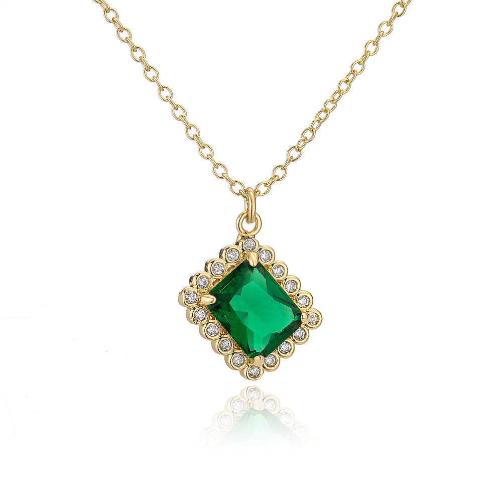 INS Style Geometric Green Zircon Pendant Necklace for Women with Copper Base and 18K Gold Plating