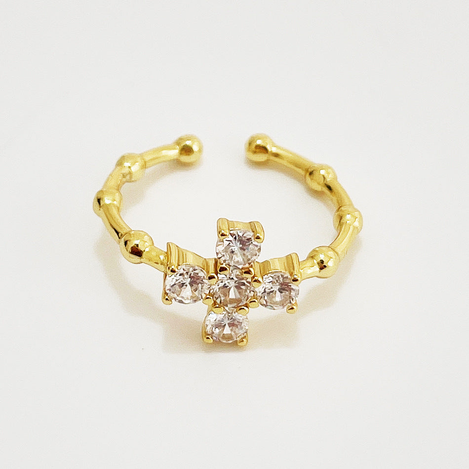 Minimalist Sweet 925 Sterling Silver Gold Plated Geometric Cross Ring with Cubic Zirconia