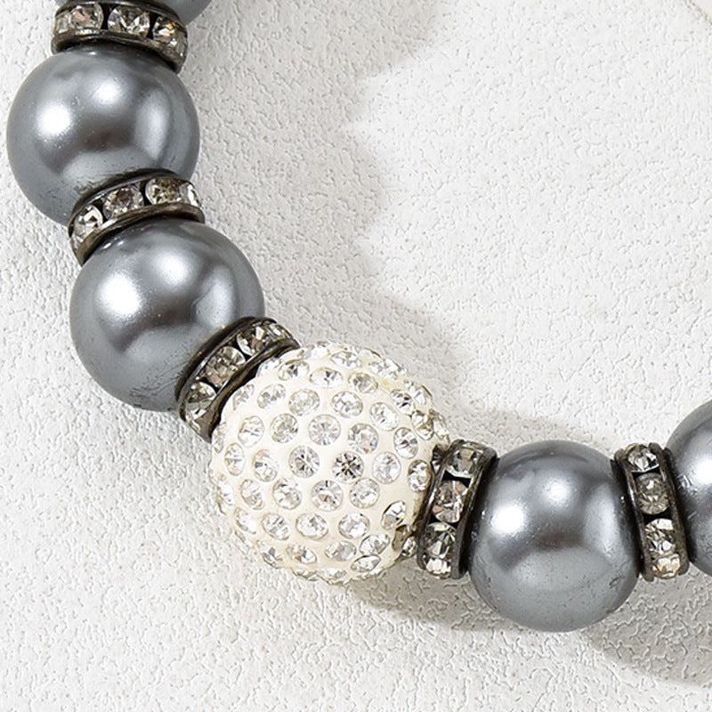 Geometric Pearl Necklace with Zircon Inlay for Women in Deep Gray Tone, Adjustable Clavicle Chain with Mother-of-Pearl Pendant