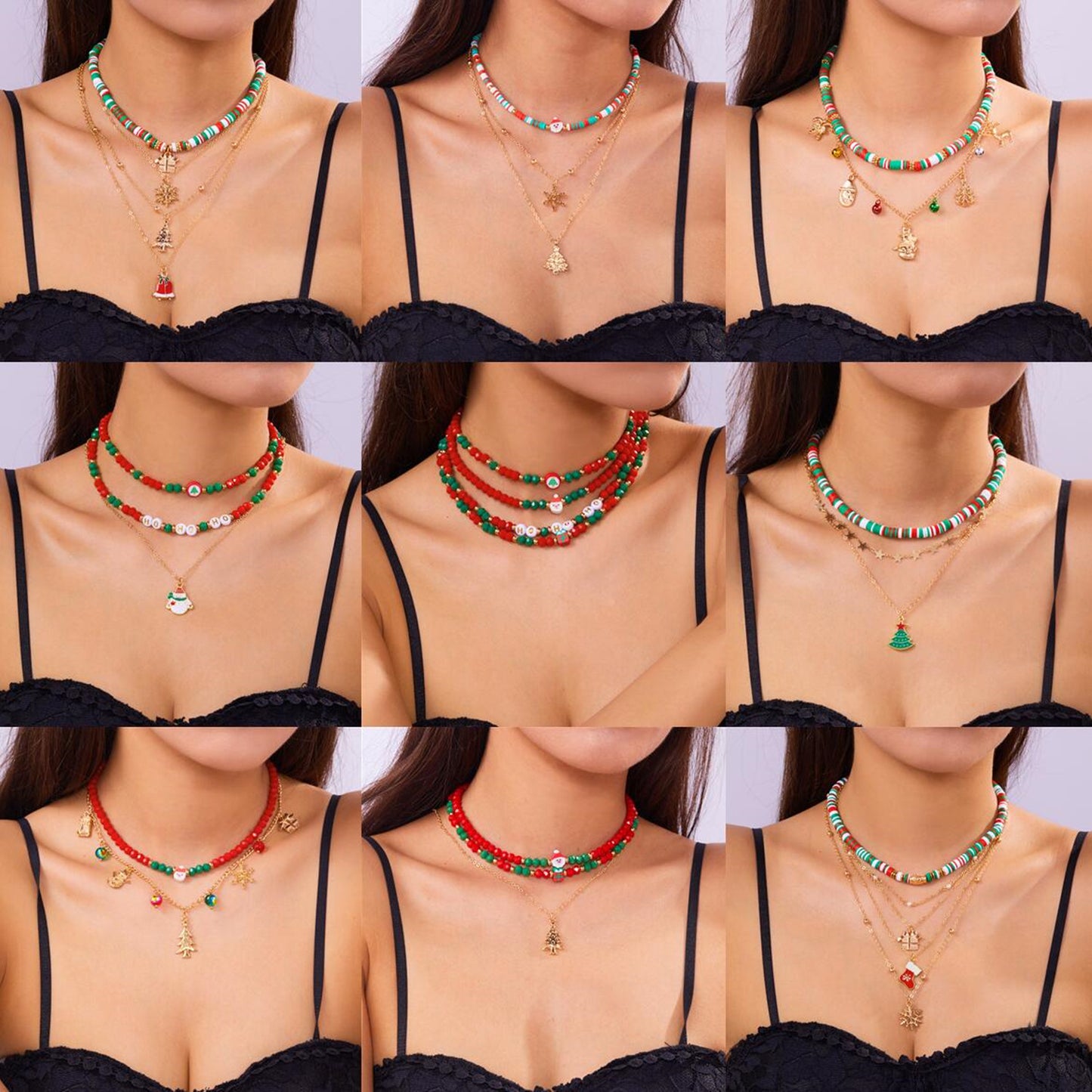 Collar de cuentas de arcilla polimérica con temática navideña con copo de nieve y colgante de Papá Noel de forma geométrica, gargantilla de cadena en O de aleación y electrochapada para mujer