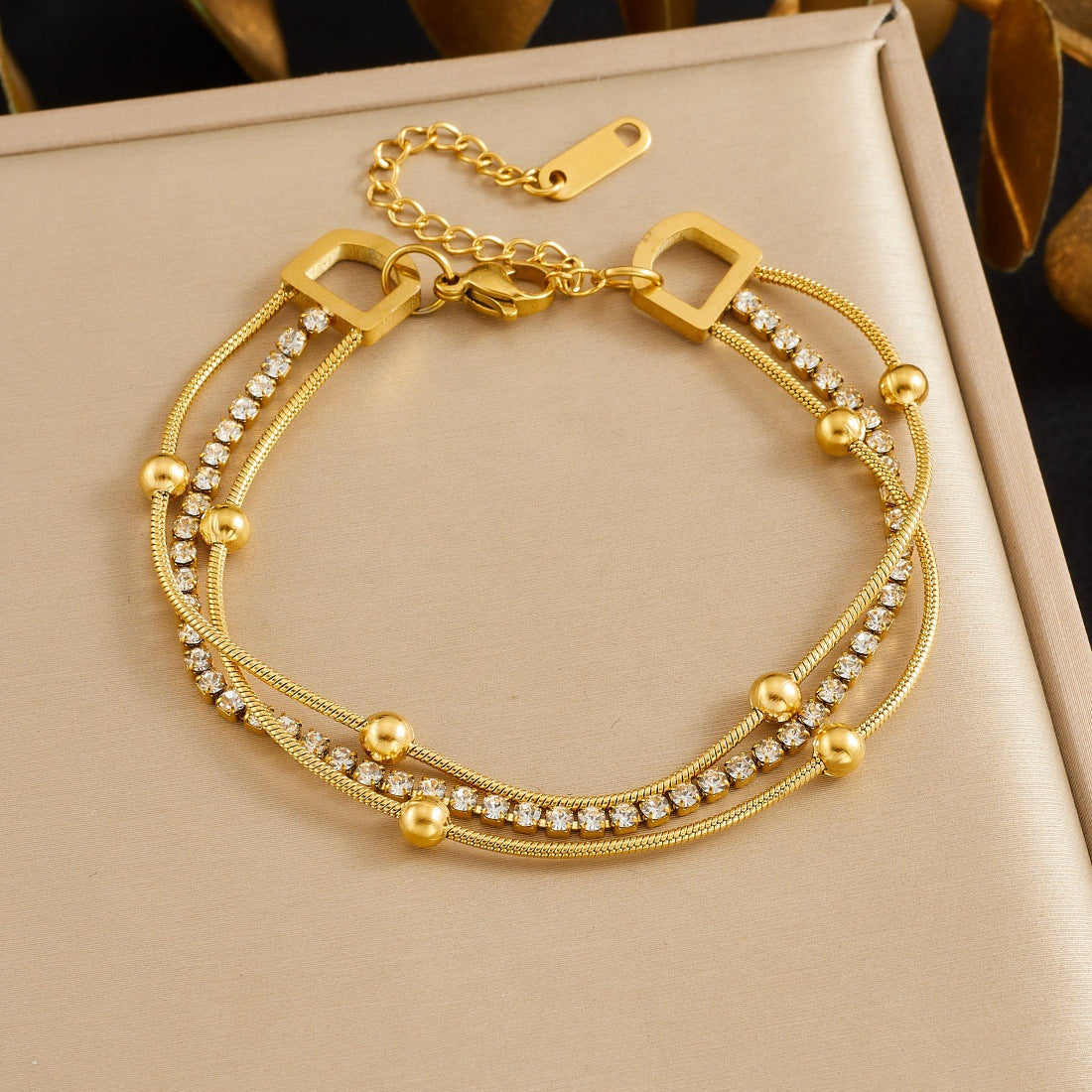 Vintage Gold Plated Stainless Steel Geometric Rhinestone Snake Chain Bracelet
