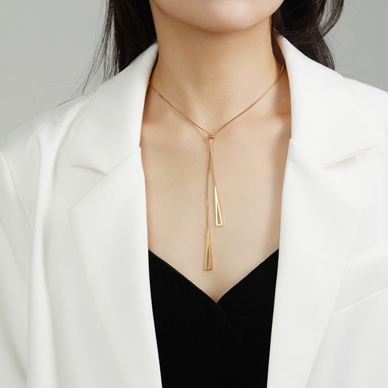 Geometric Triangle Pendant Titanium Steel Plated Long Sweater Chain with Tassel Detail for Women