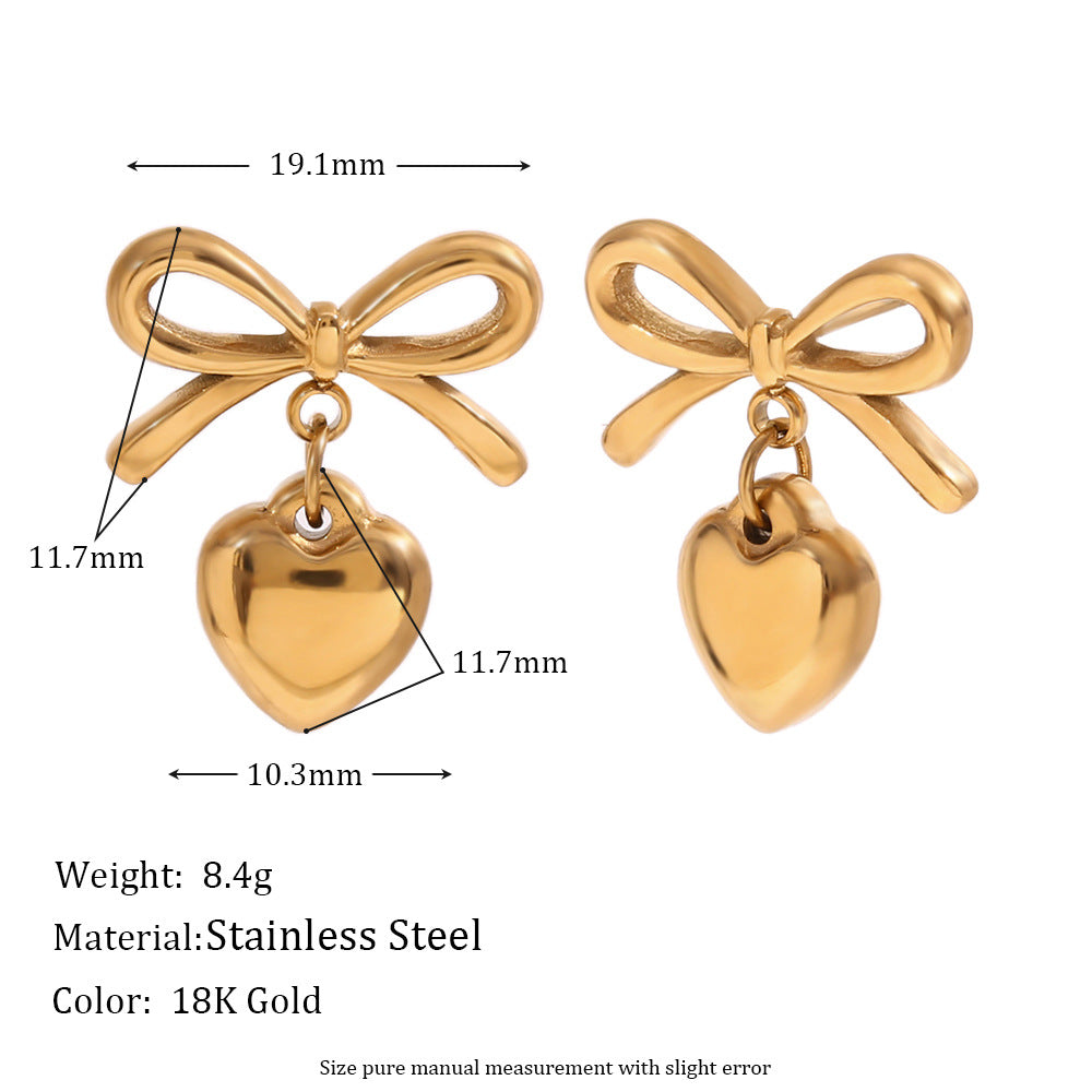 Orecchini da Donna in Acciaio Inossidabile con Fiocco e Cuore, Placcati Oro 18K, alla Moda