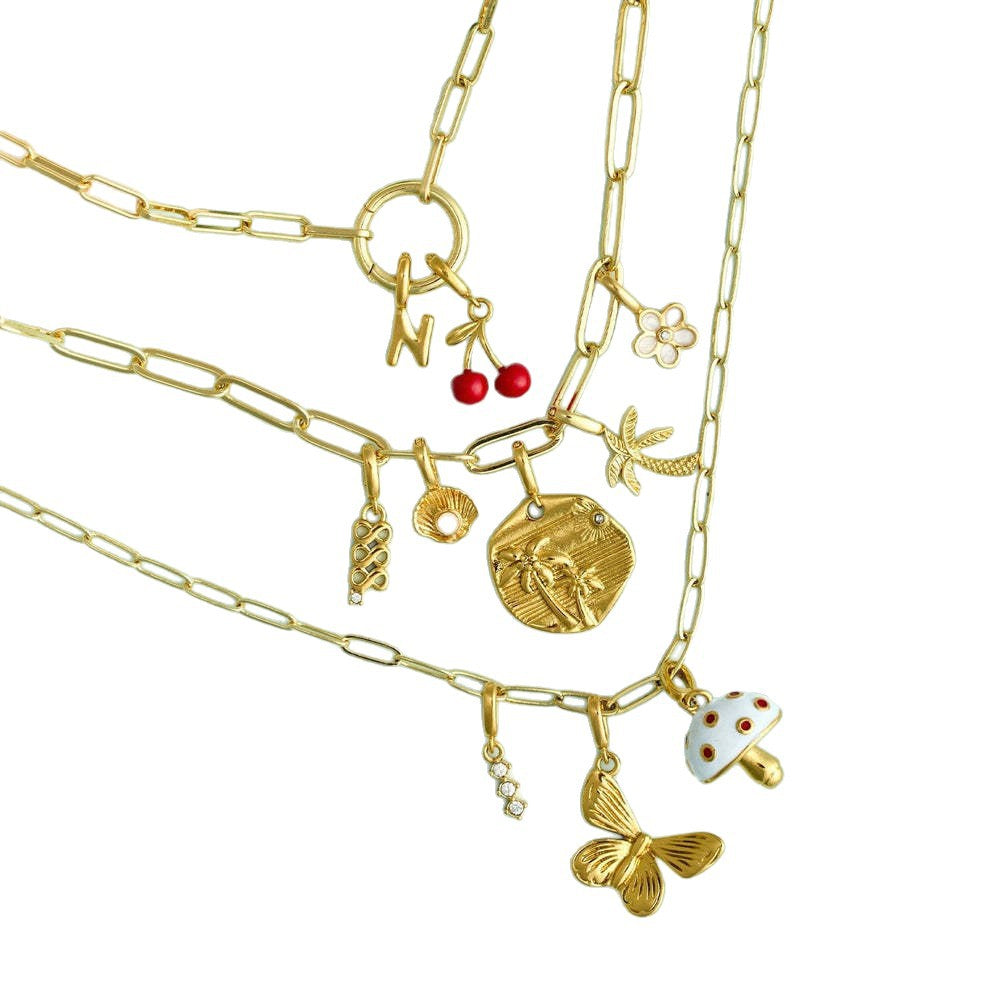 Vintage 18K Gold Plated Stainless Steel Heart Charm Bar Necklace