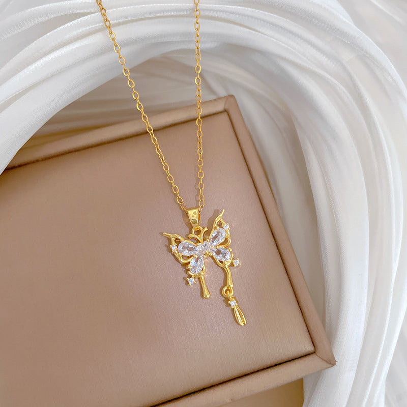 Sweet Minimalist Geometric Butterfly Rhinestone Pendant Titanium Steel Necklace for Unisex
