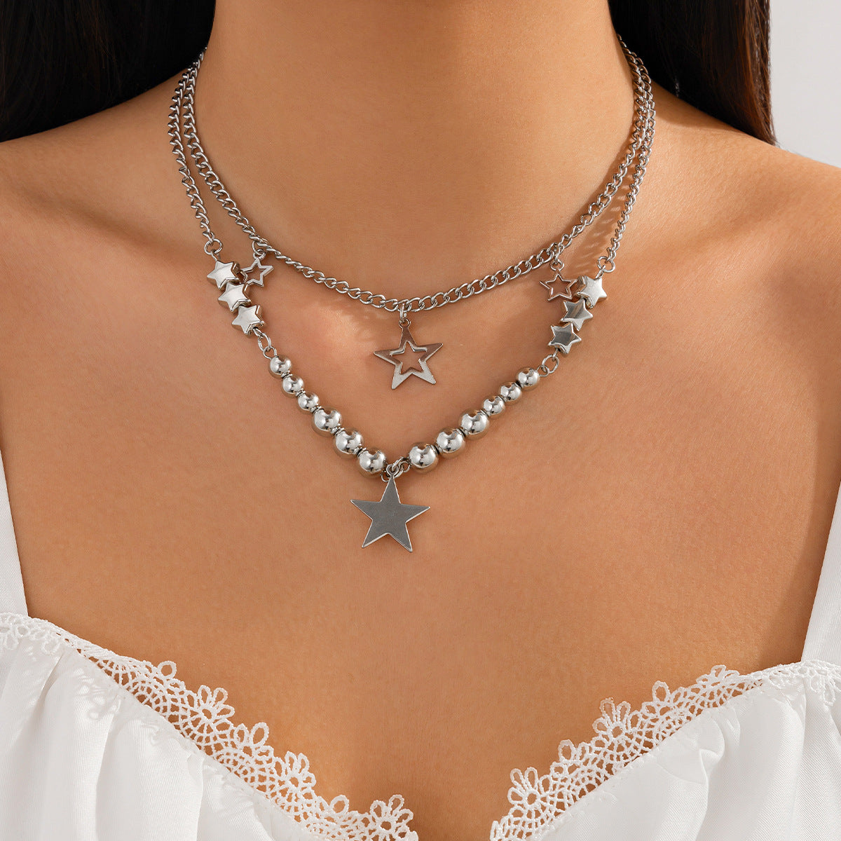 Sweet and Edgy Heart Star Pendant Necklace with Tassels for Women Alloy Chain with Pearl-Like Beads