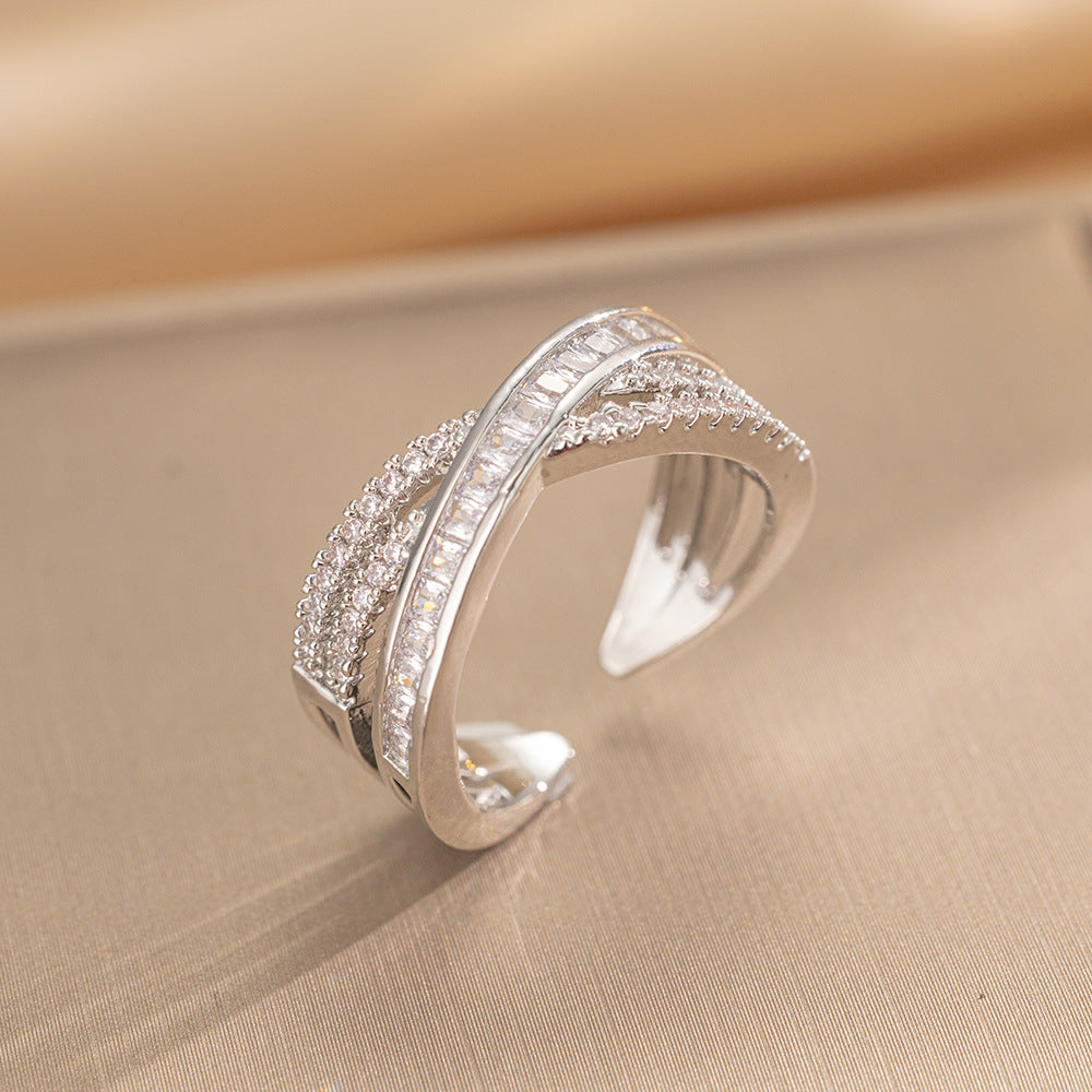 Luxury Minimalist Adjustable Open Ring for Women with Gold-Plated Copper Band and Zircon Stone Accent in Heart and Floral Shape