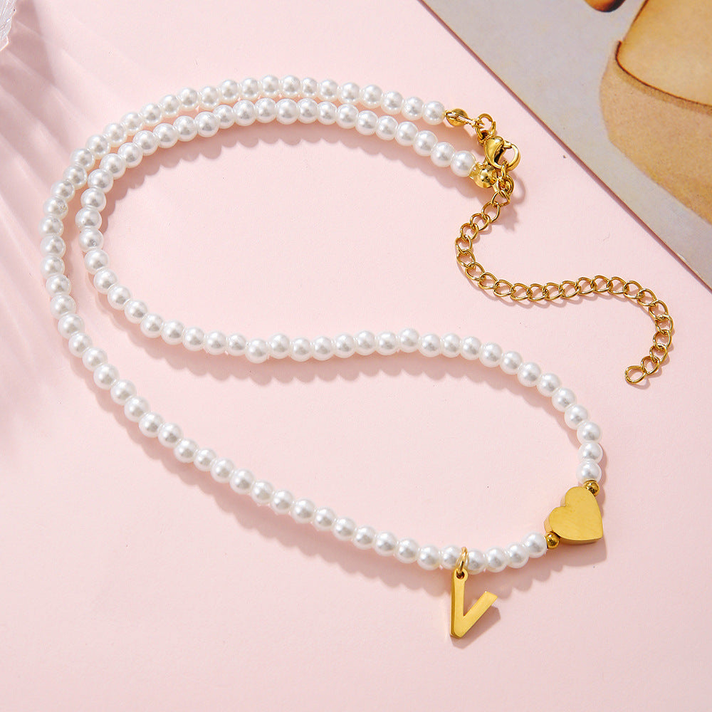 Minimalist Letter Heart Stainless Steel Pearl Necklace Women Cable Chain