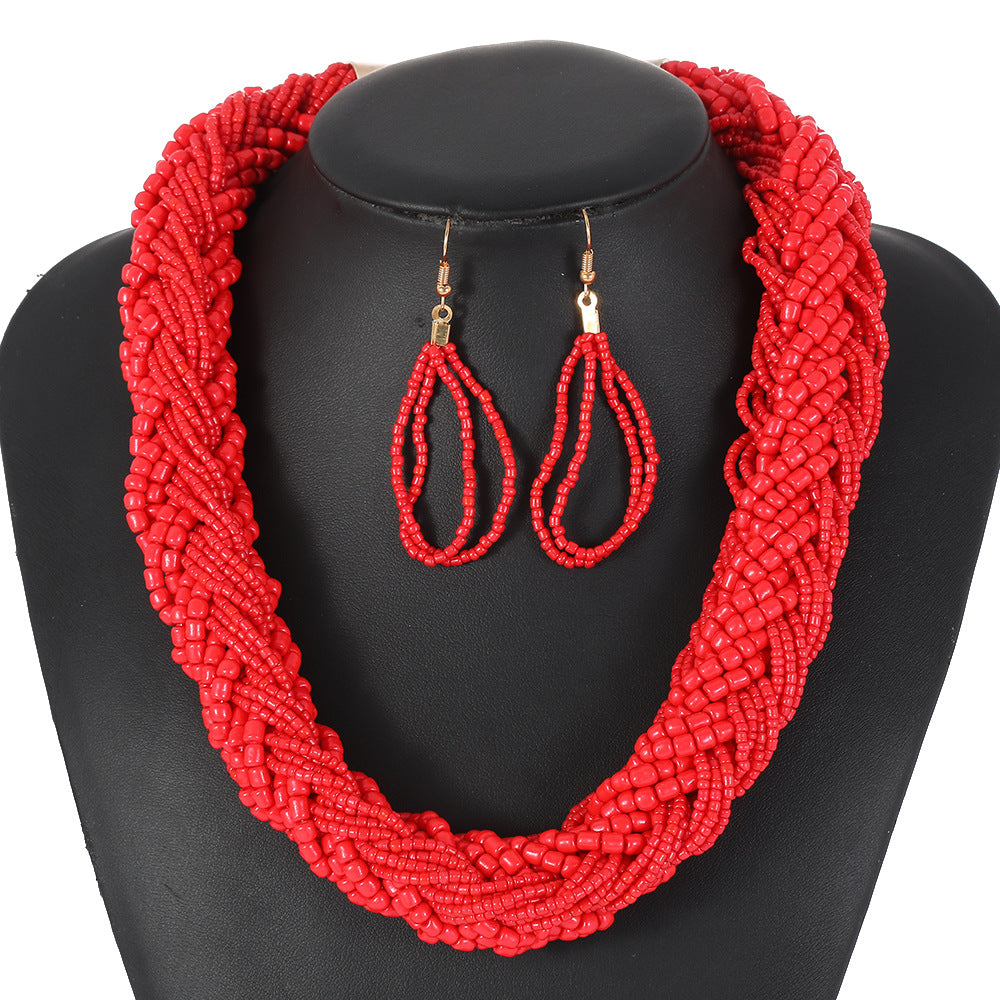 Set di collana multifilo bohémien dolce-grintoso da donna con catena di perline di vetro e girocollo a rete