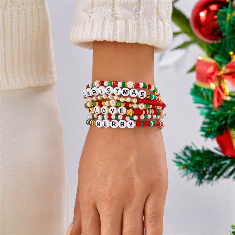 Handmade Christmas Style Beaded Bracelet Set with Alphabet Charms and Polymer Clay Beads in Alloy for Unisex Wear